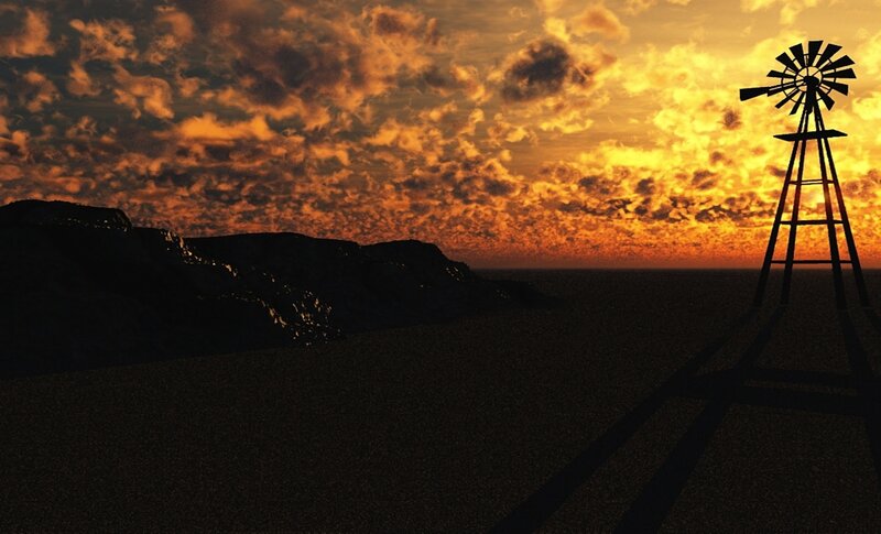 Windmill at Sunset — Orange, Dramatic, 3d Render, Clouds