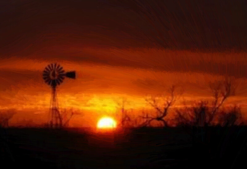 Windmill at Sunset — Orange, Dramatic, Painting