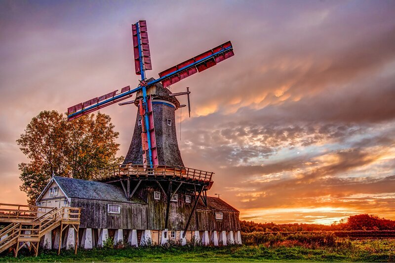 Windmill at Sunset — Orange, Dramatic, Photograph, Clouds, Trees