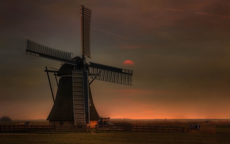 Windmill at Sunset — Orange, Dramatic, Photograph, Field