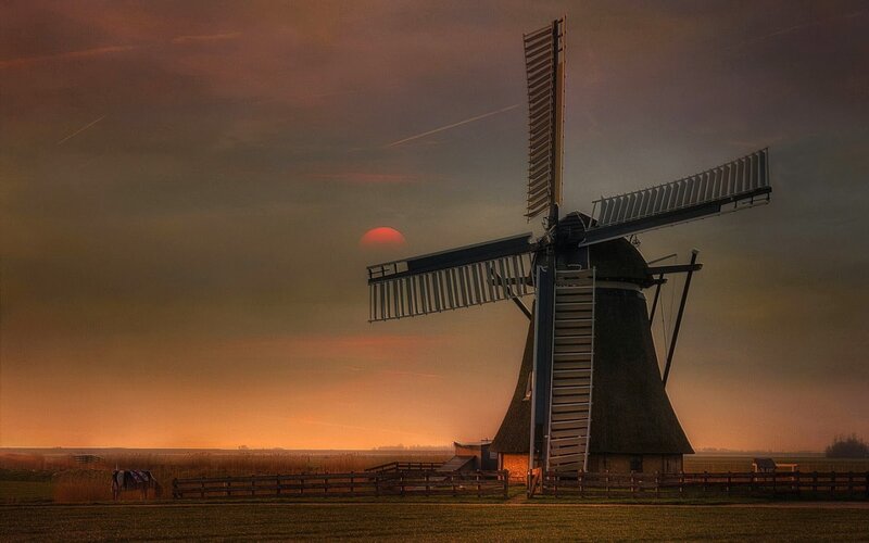 Windmill at Sunset — Orange, Dramatic, Photograph, Horse