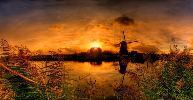 Windmill at Sunset — Orange, Dramatic, Photograph, River