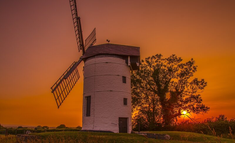 Windmill at Sunset — Orange, Dramatic, Photograph, Tree