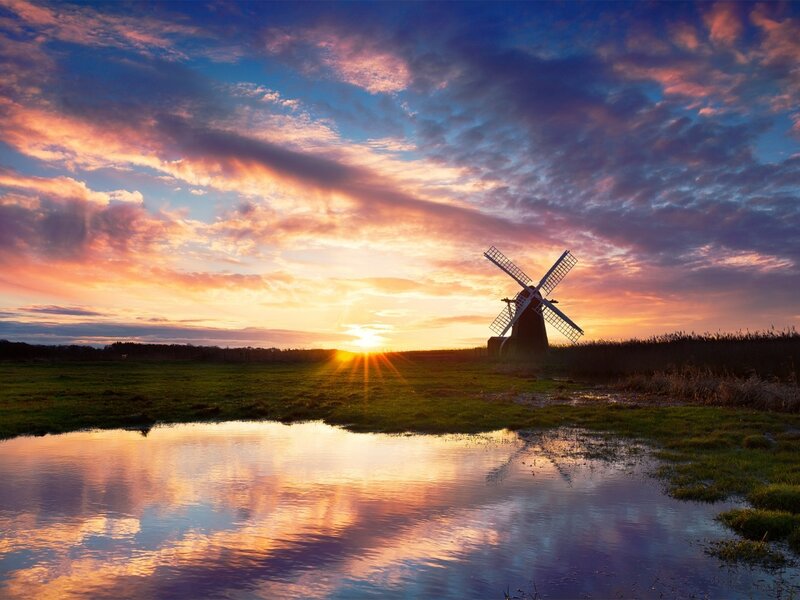 Windmill at Sunset — Orange, Serene, Photograph, Field, Puddle