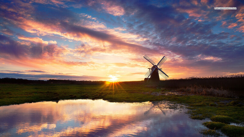 Windmill at Sunset — Orange, Serene, Photograph, Field