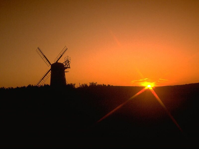Windmill at Sunset — Orange, Serene, Photograph, Hill