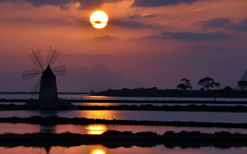 Windmill at Sunset — Orange, Serene, Photograph, Mountains, Salt Pans