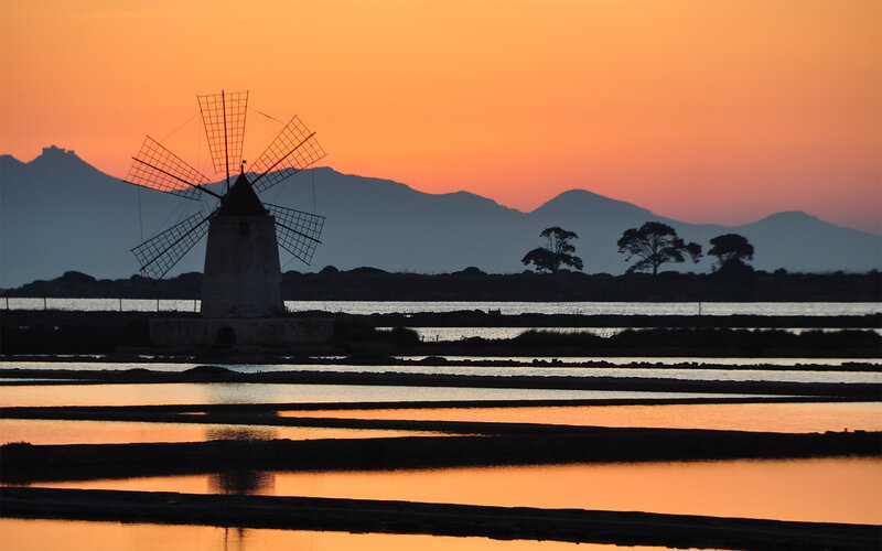 Windmill at Sunset — Orange, Serene, Photograph, Mountains