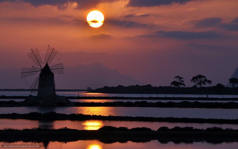 Windmill at Sunset — Orange, Serene, Photograph, Mountains, Water