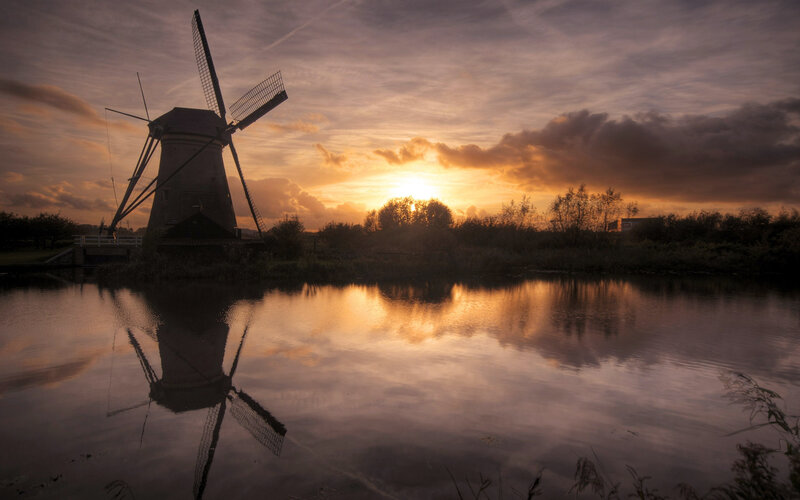 Windmill at Sunset — Orange, Serene, Photograph, River