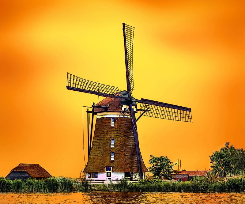 Windmill at Sunset — Orange, Serene, Photograph, Sky