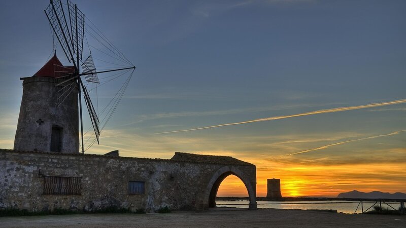 Windmill at Sunset — Orange, Serene, Photograph, Tower