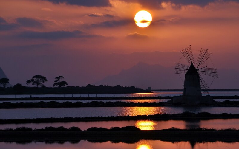 Windmill at Sunset — Orange, Serene, Photograph, Water
