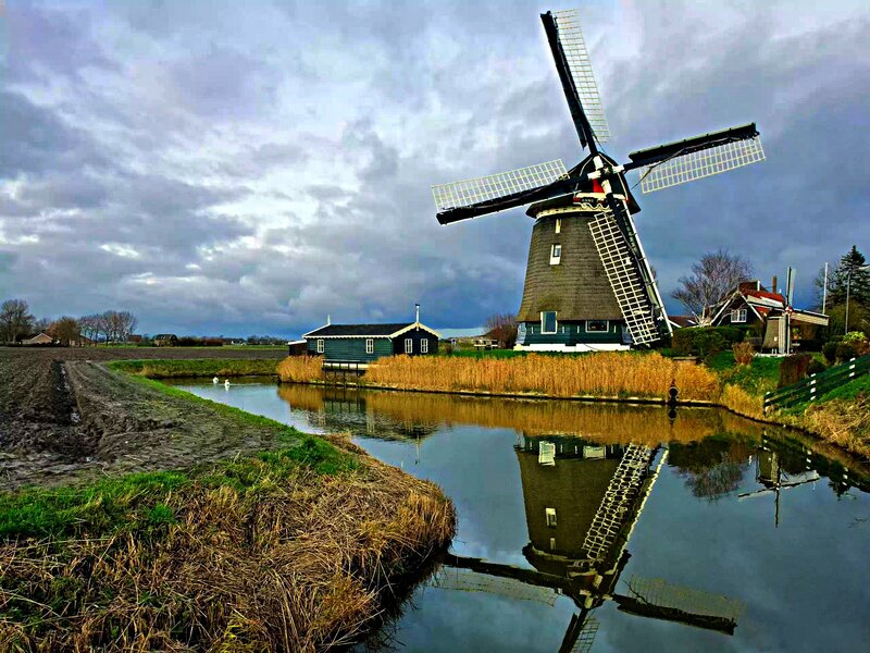 Windmill by Canal — Blue, Dramatic, Afternoon