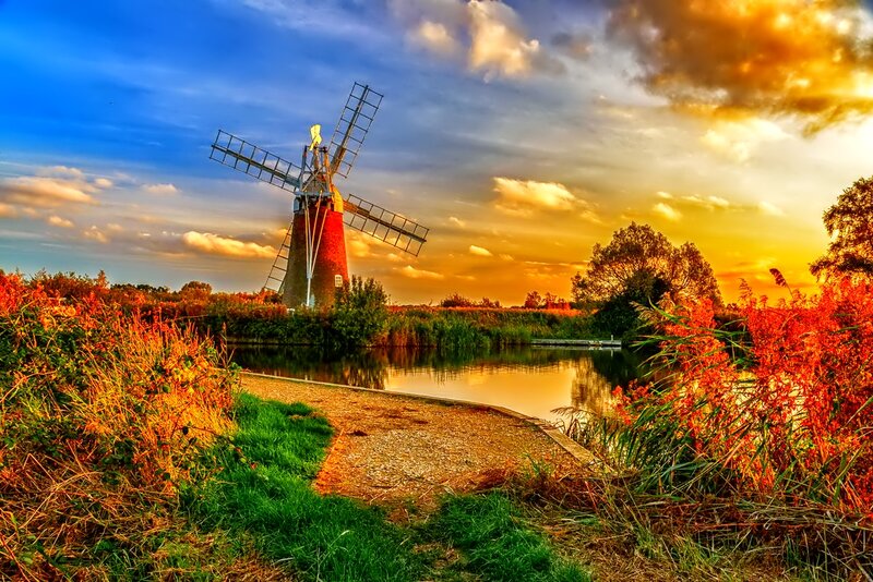 Windmill by Canal — Blue, Dramatic