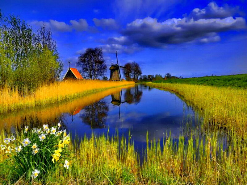 Windmill by Canal — Blue, Serene, Afternoon