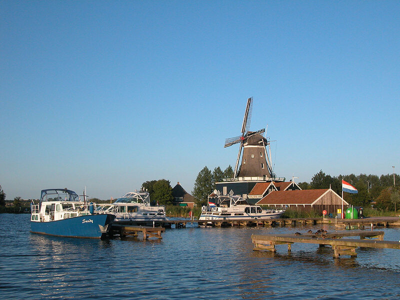 Windmill by Canal — Blue, Serene, Morning