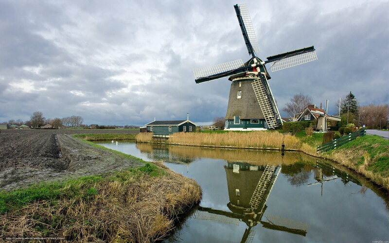 Windmill by Canal — Gray, Dramatic