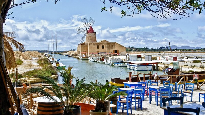 Windmill by Harbor — Blue, Serene, Afternoon