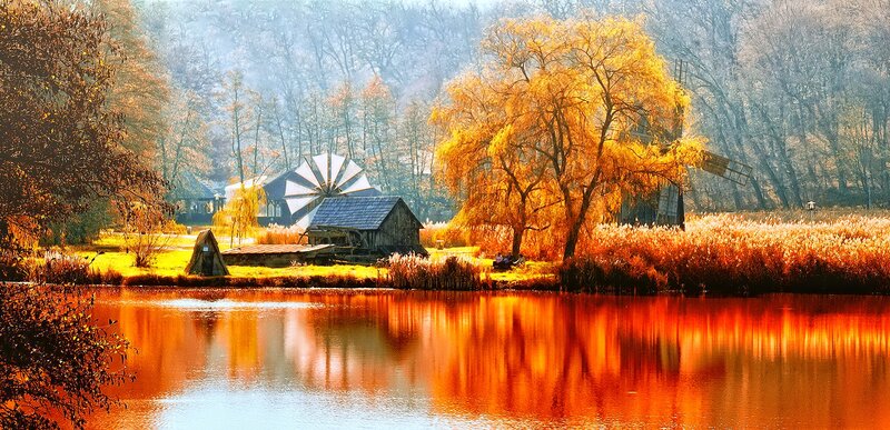 Windmill by Lake — Orange