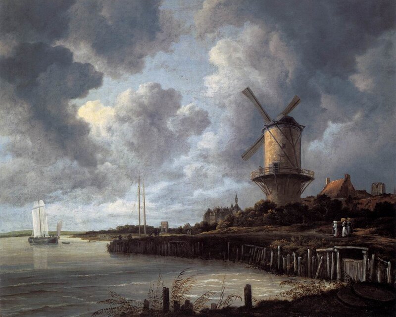 Windmill by River — Gray