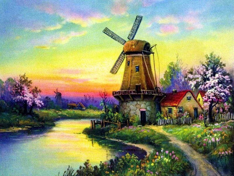 Windmill by River — Yellow