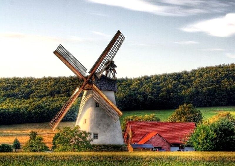 Windmill in a Field — Green, Serene, Afternoon