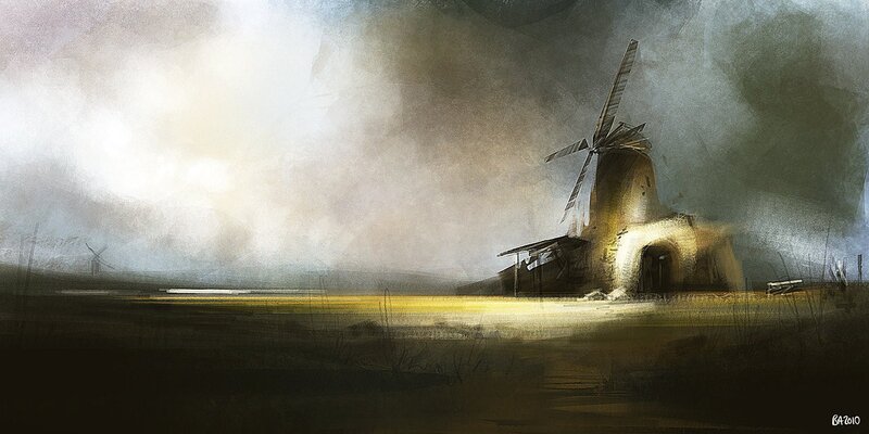 Windmill in a misty field