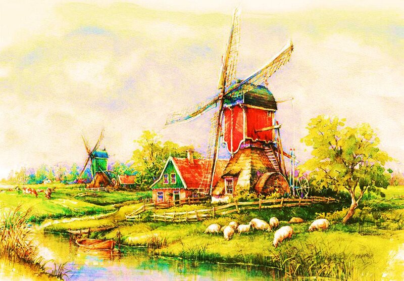 Windmill in Countryside — Green, Serene