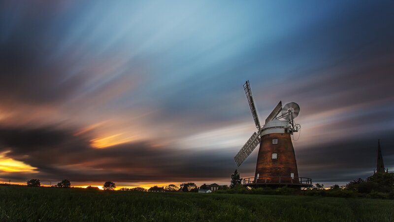 Windmill in Field — Blue, Dramatic, Sunset, Photograph