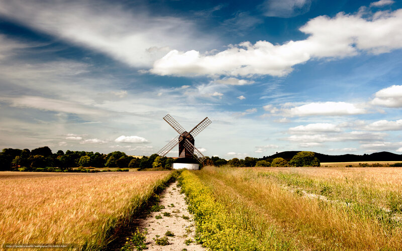 Windmill in Field — Blue, Serene, Afternoon, Photograph