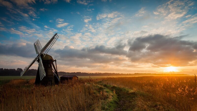 Windmill in Field — Blue, Serene, Sunset, Photograph, Sky