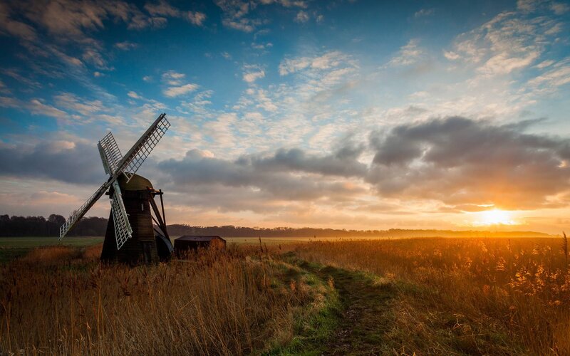 Windmill in Field — Blue, Serene, Sunset