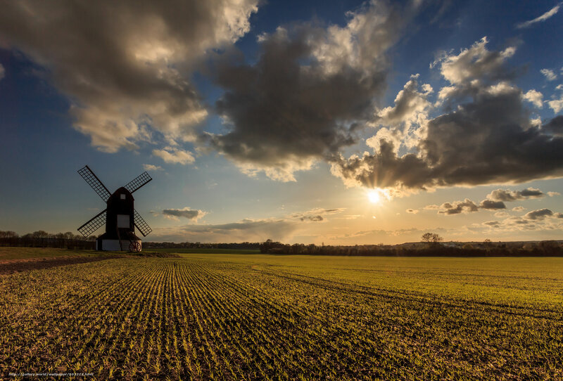 Windmill in Field — Green, Dramatic, Sunset