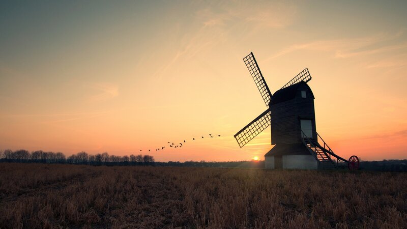 Windmill in Field — Orange, Serene, Sunset