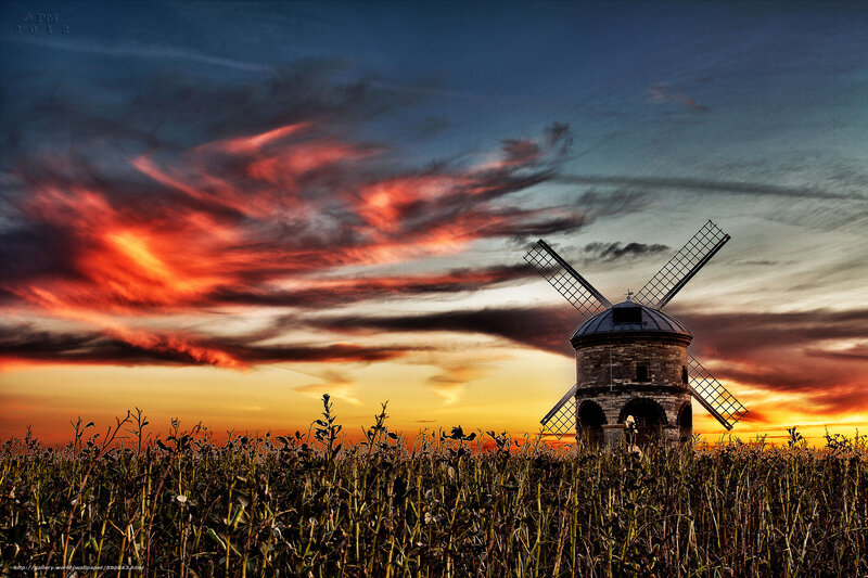 Windmill in Field — Red, Dramatic, Sunset, Photograph