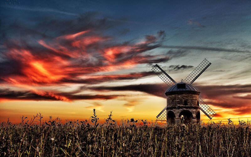 Windmill in Field — Red, Dramatic, Sunset