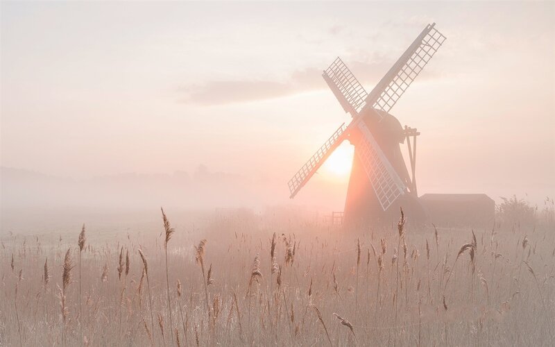 Windmill in Foggy Field