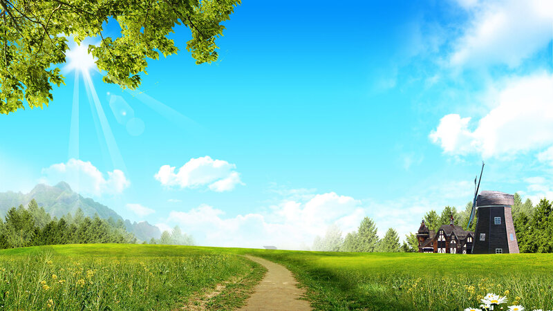 Windmill in Green Field — Serene, Afternoon, Digital Art