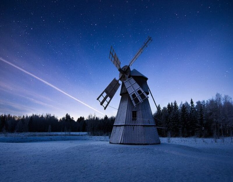 Windmill in Snow — Blue, Serene, Night