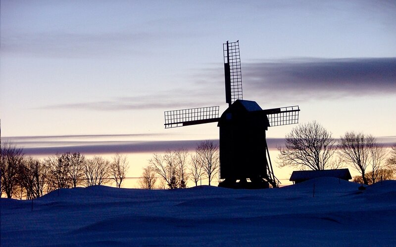 Windmill in Snow — Blue, Serene, Winter, Photograph