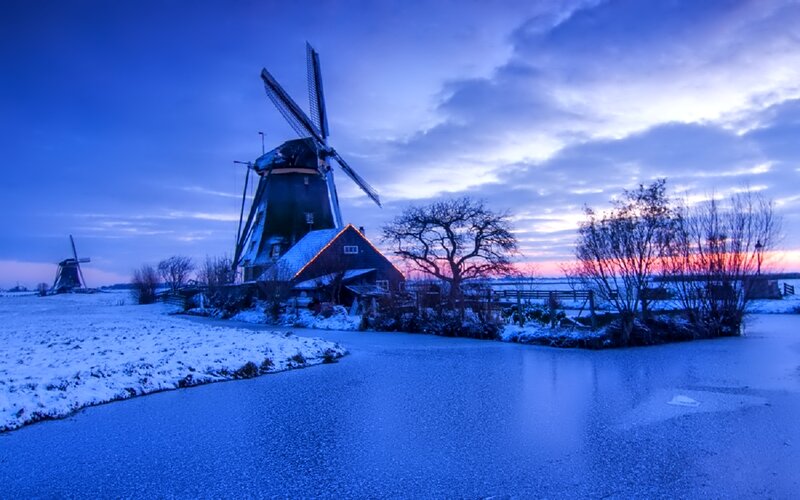 Windmill in Snow — Blue, Serene, Winter