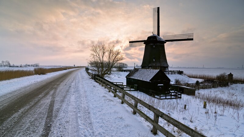 Windmill in Snow — White, Serene