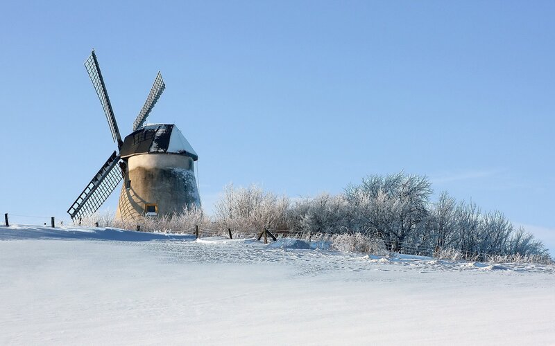 Windmill in Snow — White, Serene, Winter, Photograph, Trees