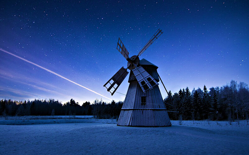 Windmill in Snowy Field — Blue, Serene