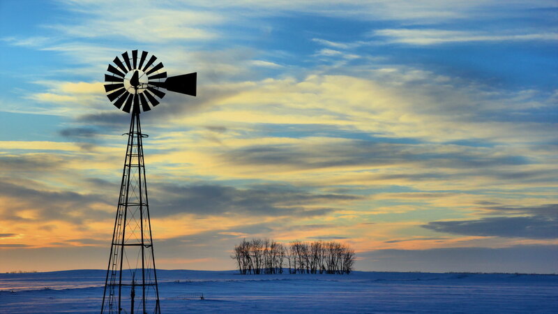 Windmill in Snowy Field — Blue, Serene, Winter