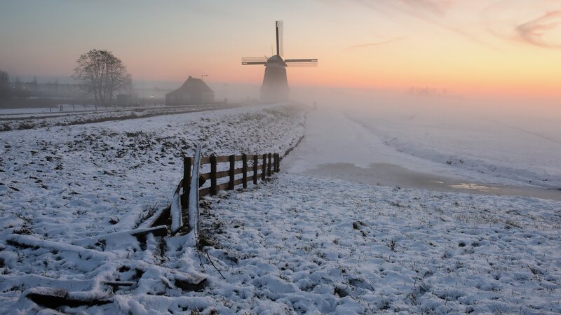 Windmill in Snowy Field — White, Serene, Winter, Photograph, Snow