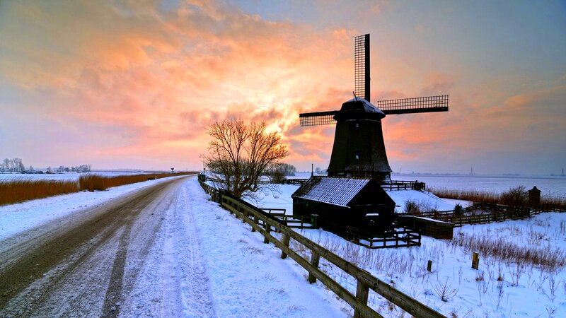 Windmill in Snowy Landscape — Orange