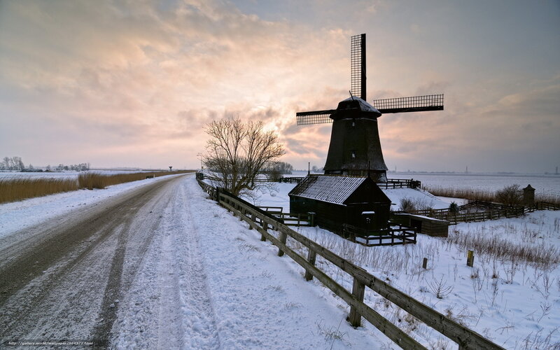Windmill in Snowy Landscape — White