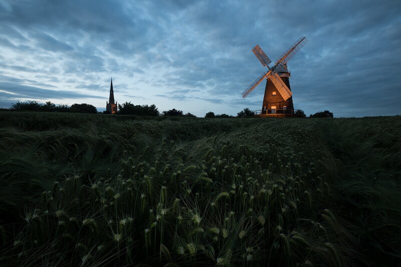 Windmill in Wheat Field — Blue, Dramatic